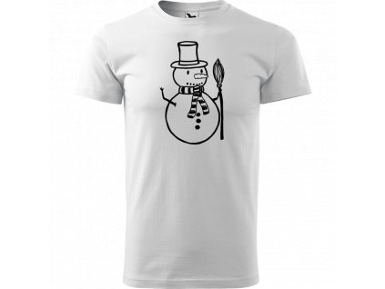 Ručně malované triko bílé s černým motivem - Sněhulák s koštětem