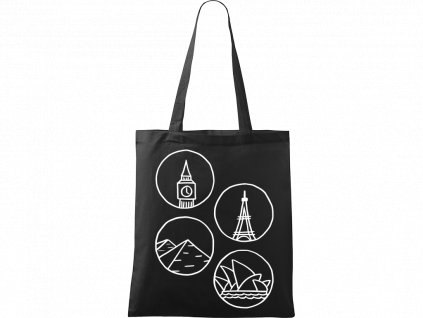 Plátěná taška Handy černá s bílým motivem - Big Ben, Eiffelovka, Pyramidy a opera v Sydney - 