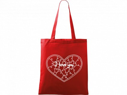 Plátěná taška Handy červená s bílým motivem - Puzzle srdce