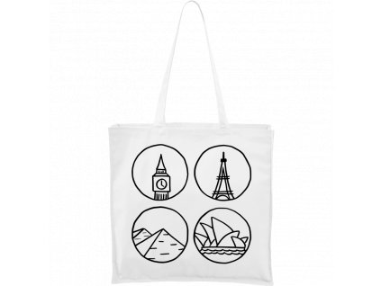 Plátěná taška Carry bílá s černým motivem - Big Ben, Eiffelovka, Pydamidy a Opera v Sydney