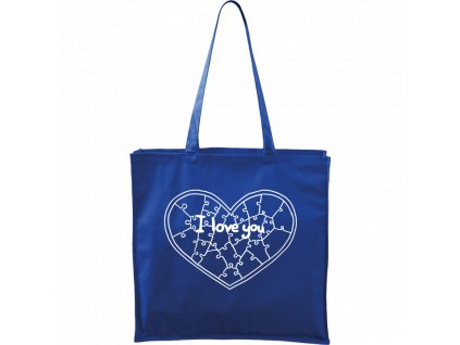 Plátěná taška Carry modrá s bílým motivem - Puzzle srdce