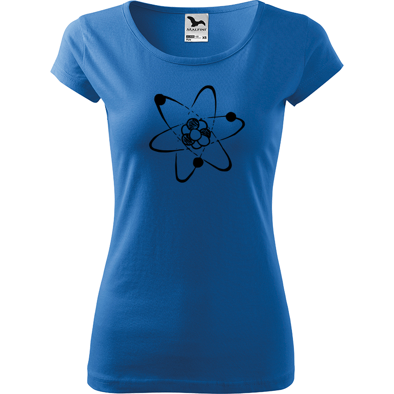 Ručně malované dámské triko Pure - Atom Velikost trička: M, Barva trička: AZUROVÁ, Barva motivu: ČERNÁ