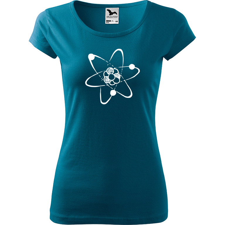 Ručně malované dámské triko Pure - Atom Velikost trička: S, Barva trička: PETROLEJOVÁ, Barva motivu: BÍLÁ