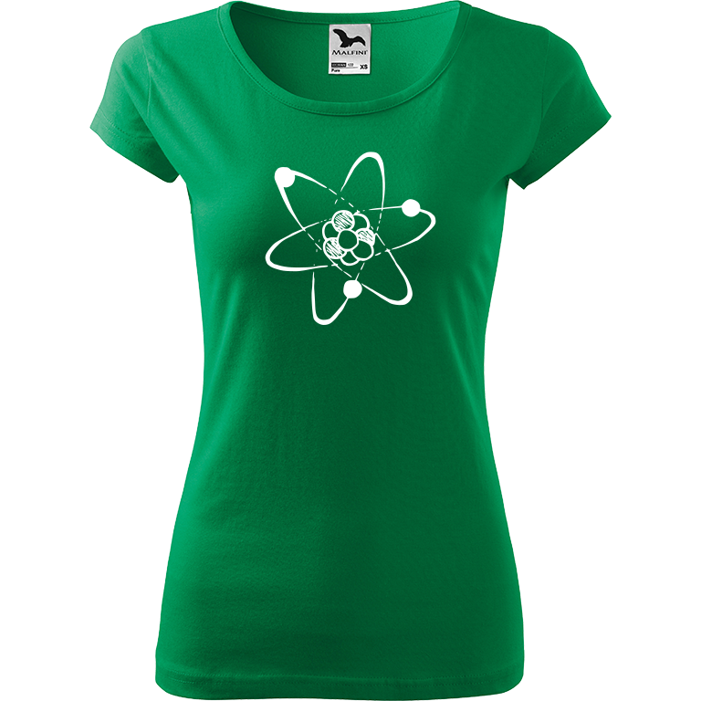 Ručně malované dámské triko Pure - Atom Velikost trička: S, Barva trička: STŘEDNĚ ZELENÁ, Barva motivu: BÍLÁ