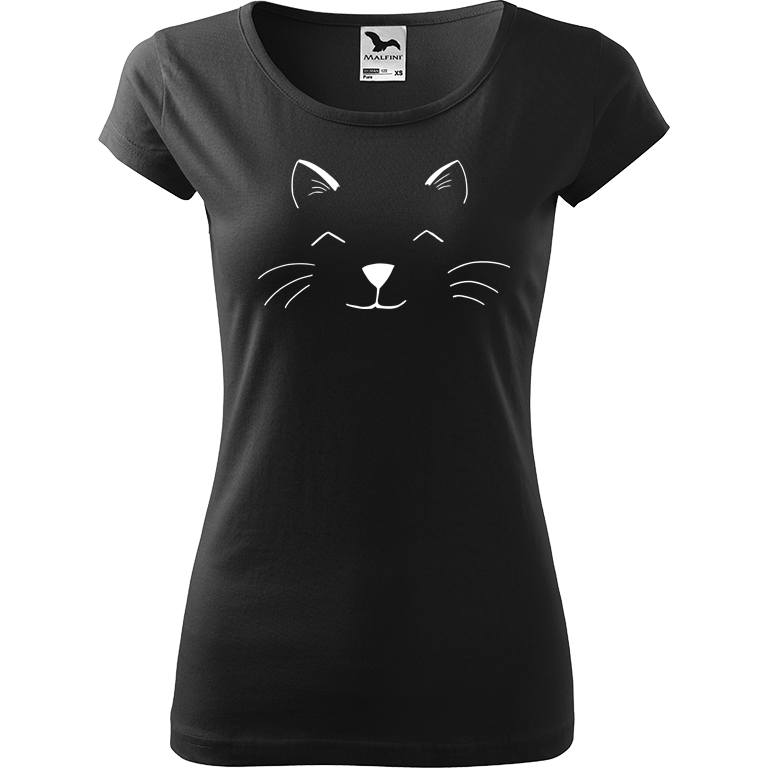 Ručně malované dámské triko Pure - Cat Face Velikost trička: M, Barva trička: ČERNÁ, Barva motivu: BÍLÁ