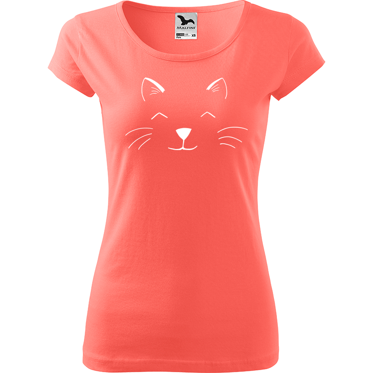 Ručně malované dámské triko Pure - Cat Face Velikost trička: L, Barva trička: KORÁLOVÁ, Barva motivu: BÍLÁ