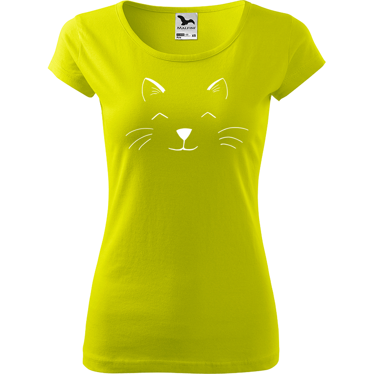 Ručně malované dámské triko Pure - Cat Face Velikost trička: L, Barva trička: LIMETKOVÁ, Barva motivu: BÍLÁ