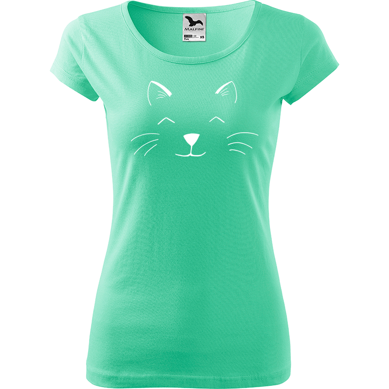Ručně malované dámské triko Pure - Cat Face Velikost trička: M, Barva trička: MÁTOVÁ, Barva motivu: BÍLÁ
