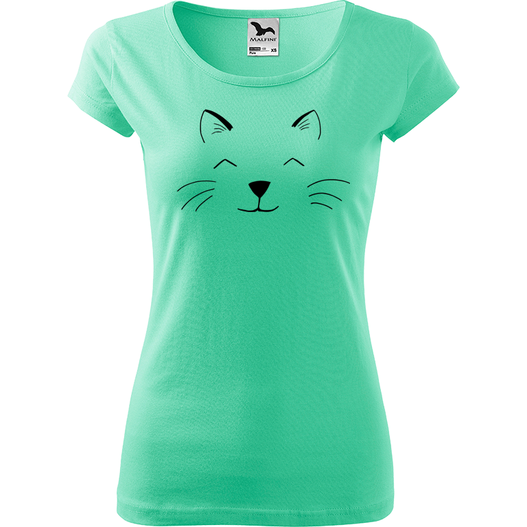 Ručně malované dámské triko Pure - Cat Face Velikost trička: XL, Barva trička: MÁTOVÁ, Barva motivu: ČERNÁ