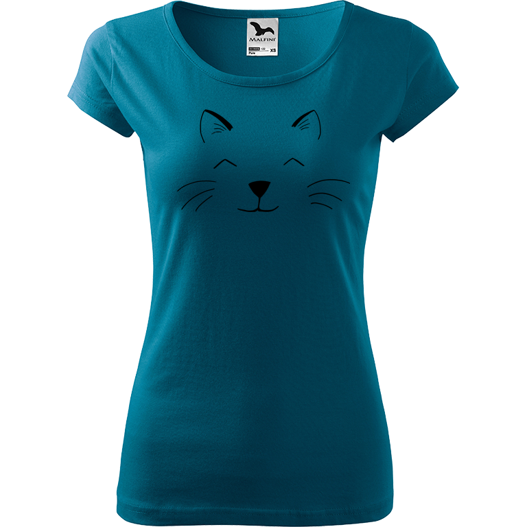 Ručně malované dámské triko Pure - Cat Face Velikost trička: M, Barva trička: PETROLEJOVÁ, Barva motivu: ČERNÁ