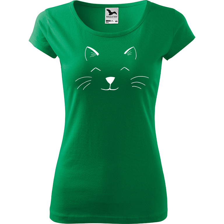 Ručně malované dámské triko Pure - Cat Face Velikost trička: S, Barva trička: STŘEDNĚ ZELENÁ, Barva motivu: BÍLÁ