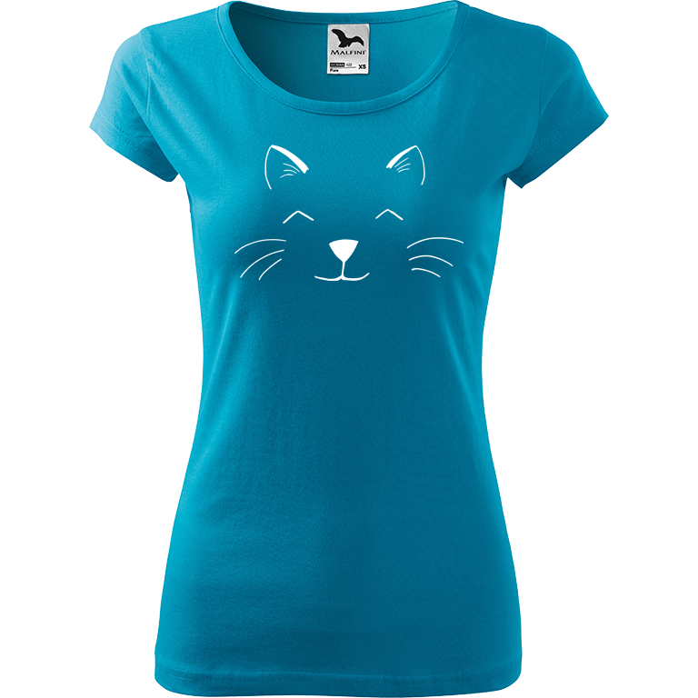 Ručně malované dámské triko Pure - Cat Face Velikost trička: S, Barva trička: TYRKYSOVÁ, Barva motivu: BÍLÁ