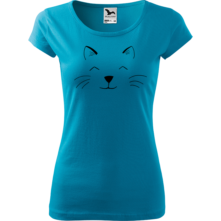 Ručně malované dámské triko Pure - Cat Face Velikost trička: M, Barva trička: TYRKYSOVÁ, Barva motivu: ČERNÁ