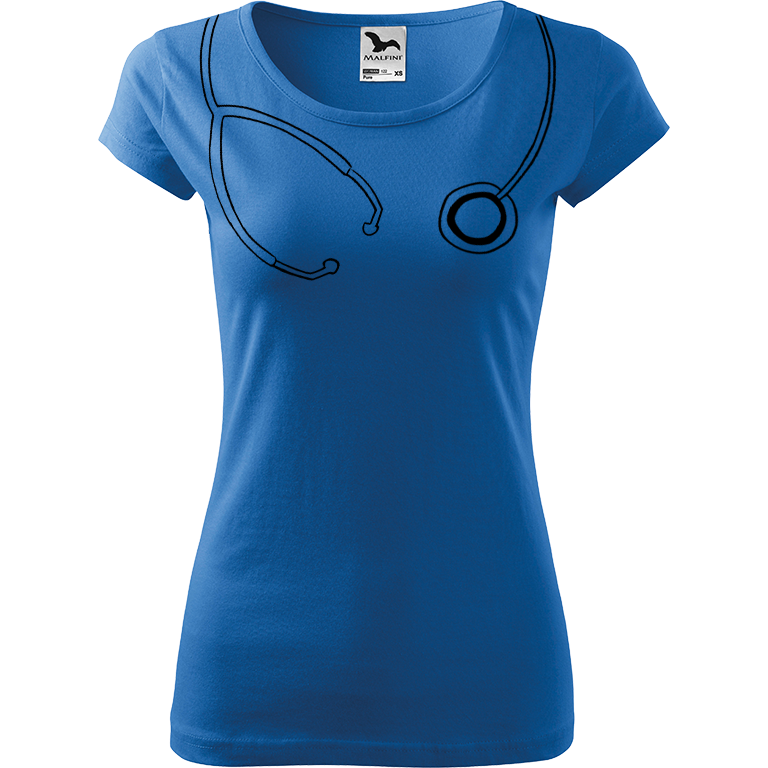 Ručně malované dámské triko Pure - Stetoskop Velikost trička: M, Barva trička: AZUROVÁ, Barva motivu: ČERNÁ