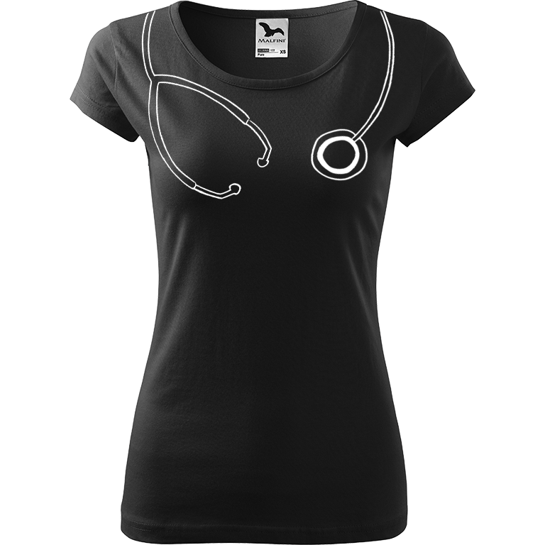 Ručně malované dámské triko Pure - Stetoskop Velikost trička: L, Barva trička: ČERNÁ, Barva motivu: BÍLÁ