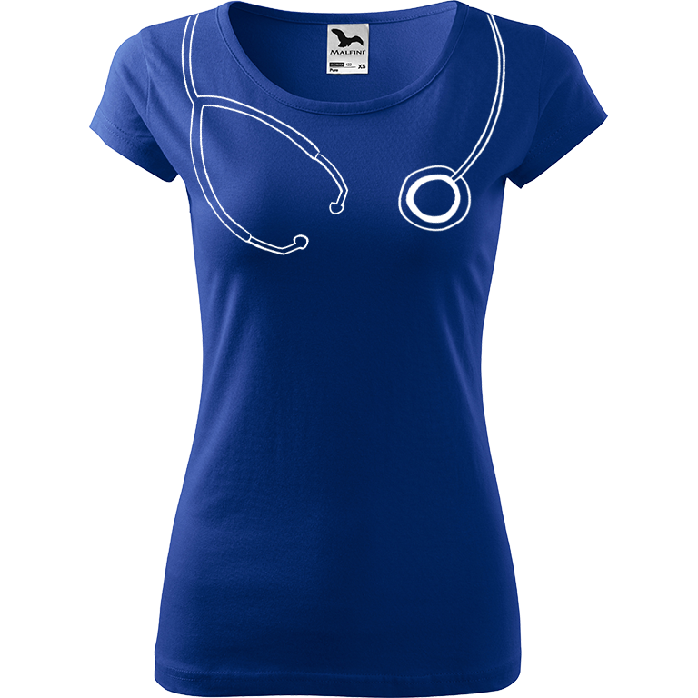 Ručně malované dámské triko Pure - Stetoskop Velikost trička: XS, Barva trička: MODRÁ, Barva motivu: BÍLÁ