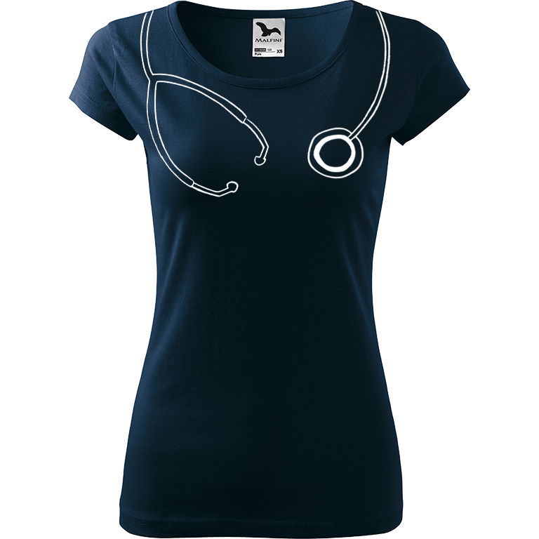 Ručně malované dámské triko Pure - Stetoskop Velikost trička: M, Barva trička: NÁMOŘNICKÁ MODRÁ, Barva motivu: BÍLÁ