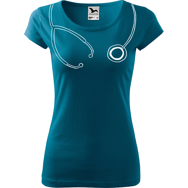 Ručně malované dámské triko Pure - Stetoskop Velikost trička: M, Barva trička: PETROLEJOVÁ, Barva motivu: BÍLÁ
