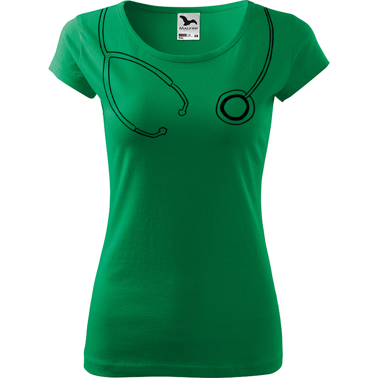 Ručně malované dámské triko Pure - Stetoskop Velikost trička: XS, Barva trička: STŘEDNĚ ZELENÁ, Barva motivu: ČERNÁ
