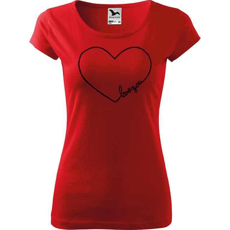 Ručně malované dámské triko Pure - "Love You" Srdce Velikost trička: XXL, Barva trička: ČERVENÁ, Barva motivu: ČERNÁ