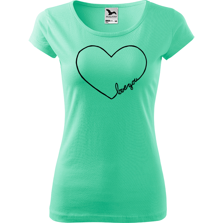Ručně malované dámské triko Pure - "Love You" Srdce Velikost trička: XL, Barva trička: MÁTOVÁ, Barva motivu: ČERNÁ