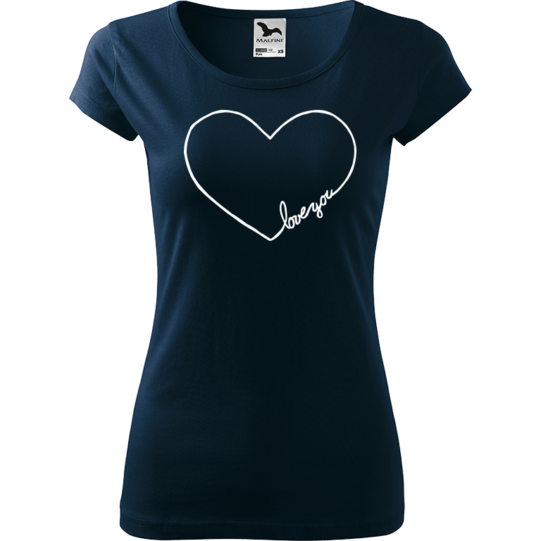 Ručně malované dámské triko Pure - "Love You" Srdce Velikost trička: XXL, Barva trička: NÁMOŘNICKÁ MODRÁ, Barva motivu: BÍLÁ