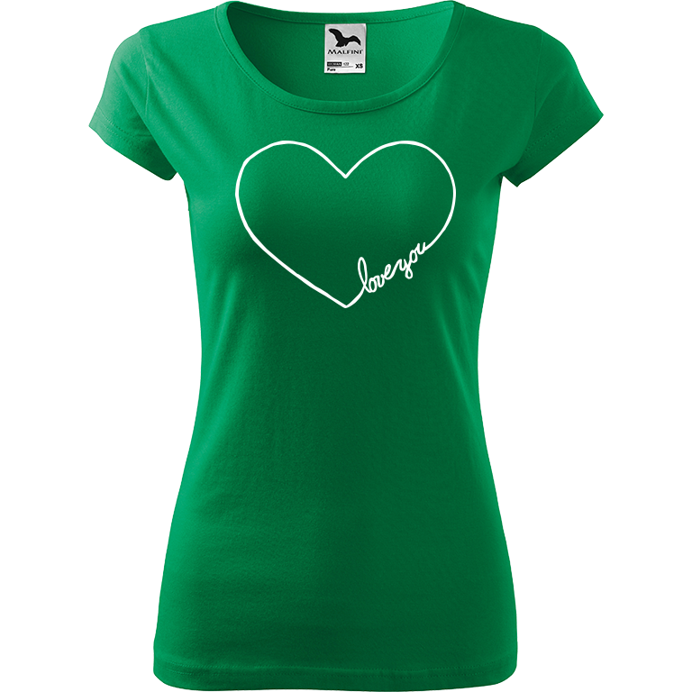 Ručně malované dámské triko Pure - "Love You" Srdce Velikost trička: S, Barva trička: STŘEDNĚ ZELENÁ, Barva motivu: BÍLÁ