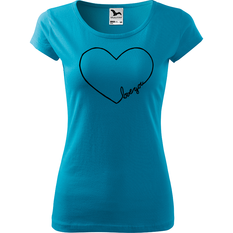 Ručně malované dámské triko Pure - "Love You" Srdce Velikost trička: XL, Barva trička: TYRKYSOVÁ, Barva motivu: ČERNÁ