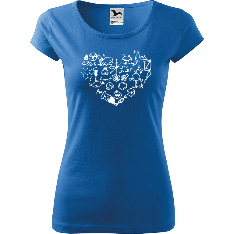 Ručně malované dámské triko Pure - Chemikovo srdce Velikost trička: XS, Barva trička: AZUROVÁ, Barva motivu: BÍLÁ