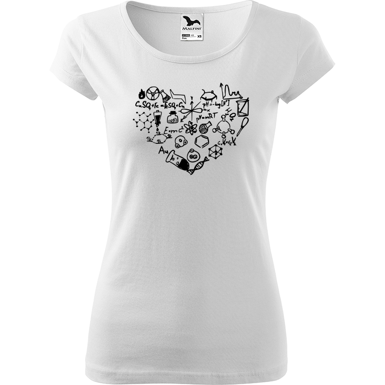 Ručně malované dámské triko Pure - Chemikovo srdce Velikost trička: M, Barva trička: BÍLÁ, Barva motivu: ČERNÁ