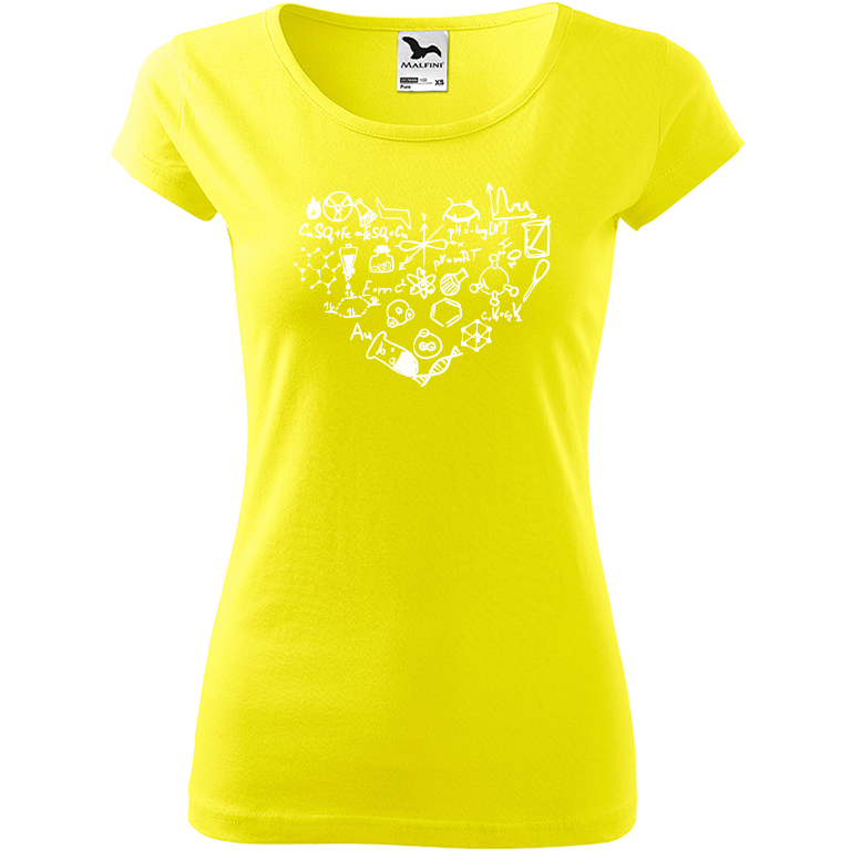 Ručně malované dámské triko Pure - Chemikovo srdce Velikost trička: M, Barva trička: CITRONOVÁ, Barva motivu: BÍLÁ