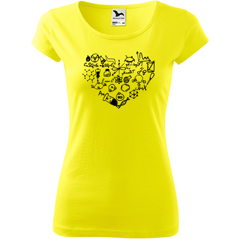 Ručně malované dámské triko Pure - Chemikovo srdce Velikost trička: L, Barva trička: CITRONOVÁ, Barva motivu: ČERNÁ