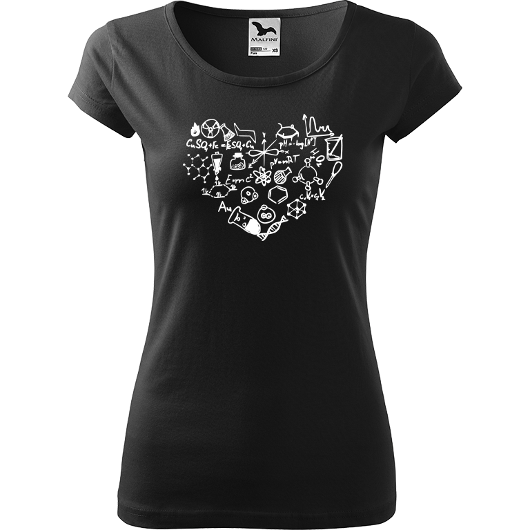 Ručně malované dámské triko Pure - Chemikovo srdce Velikost trička: XS, Barva trička: ČERNÁ, Barva motivu: BÍLÁ
