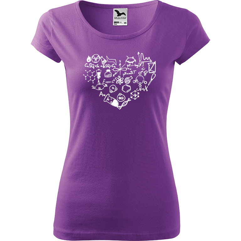 Ručně malované dámské triko Pure - Chemikovo srdce Velikost trička: XS, Barva trička: FIALOVÁ, Barva motivu: BÍLÁ