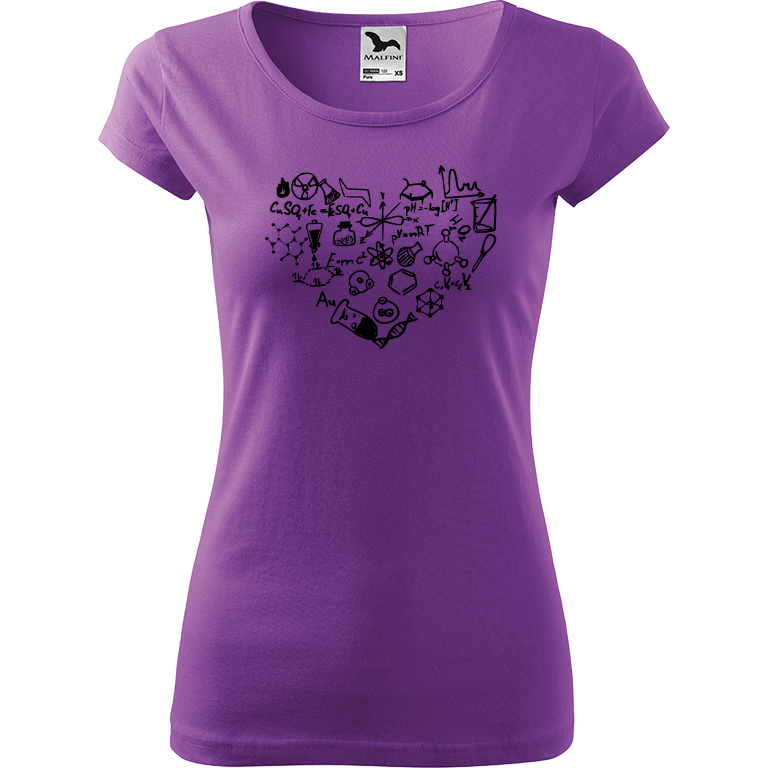 Ručně malované dámské triko Pure - Chemikovo srdce Velikost trička: XL, Barva trička: FIALOVÁ, Barva motivu: ČERNÁ
