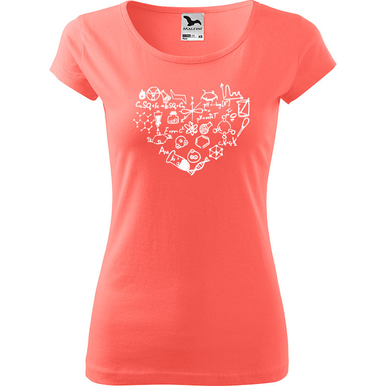 Ručně malované dámské triko Pure - Chemikovo srdce Velikost trička: XS, Barva trička: KORÁLOVÁ, Barva motivu: BÍLÁ