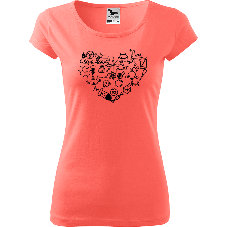 Ručně malované dámské triko Pure - Chemikovo srdce Velikost trička: M, Barva trička: KORÁLOVÁ, Barva motivu: ČERNÁ