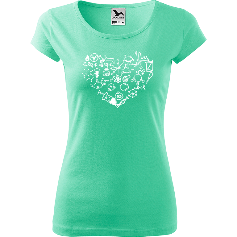 Ručně malované dámské triko Pure - Chemikovo srdce Velikost trička: M, Barva trička: MÁTOVÁ, Barva motivu: BÍLÁ