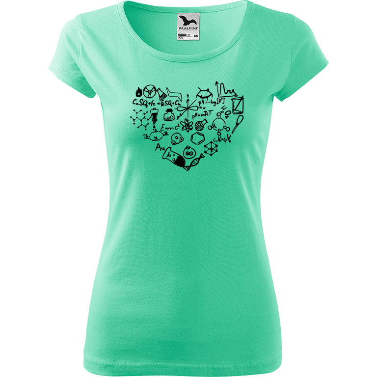 Ručně malované dámské triko Pure - Chemikovo srdce Velikost trička: L, Barva trička: MÁTOVÁ, Barva motivu: ČERNÁ
