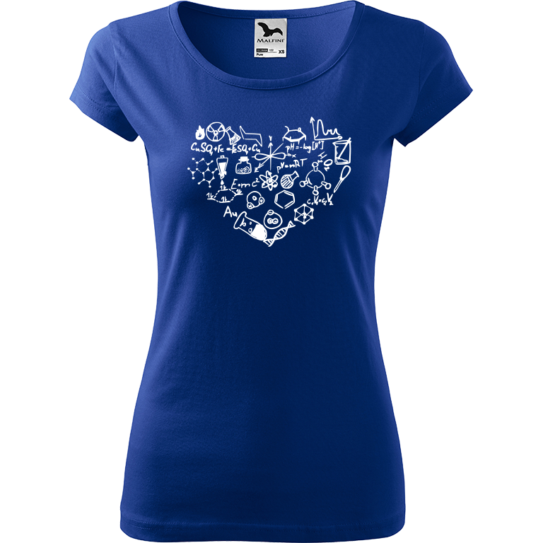 Ručně malované dámské triko Pure - Chemikovo srdce Velikost trička: XS, Barva trička: MODRÁ, Barva motivu: BÍLÁ