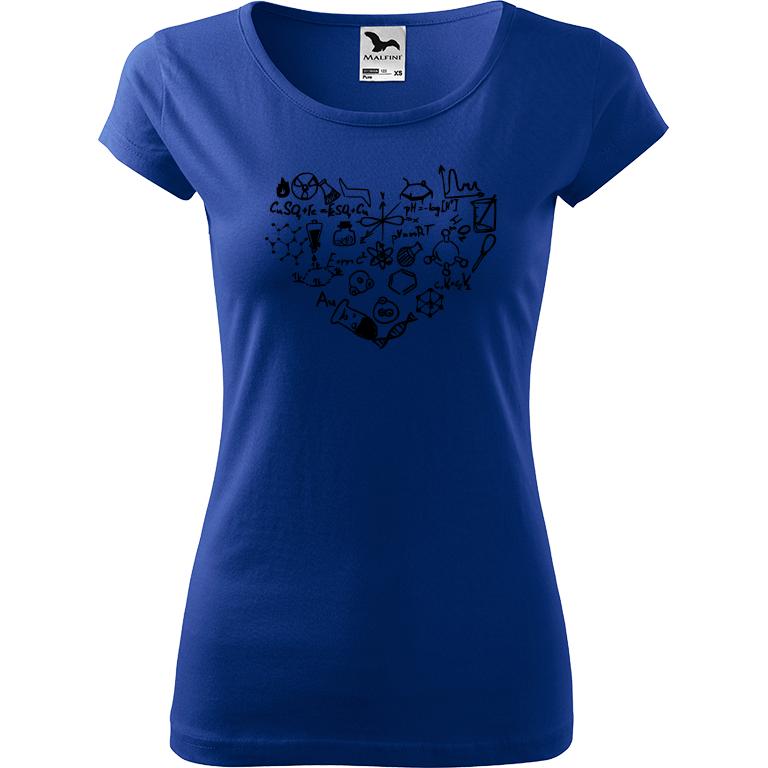 Ručně malované dámské triko Pure - Chemikovo srdce Velikost trička: M, Barva trička: MODRÁ, Barva motivu: ČERNÁ