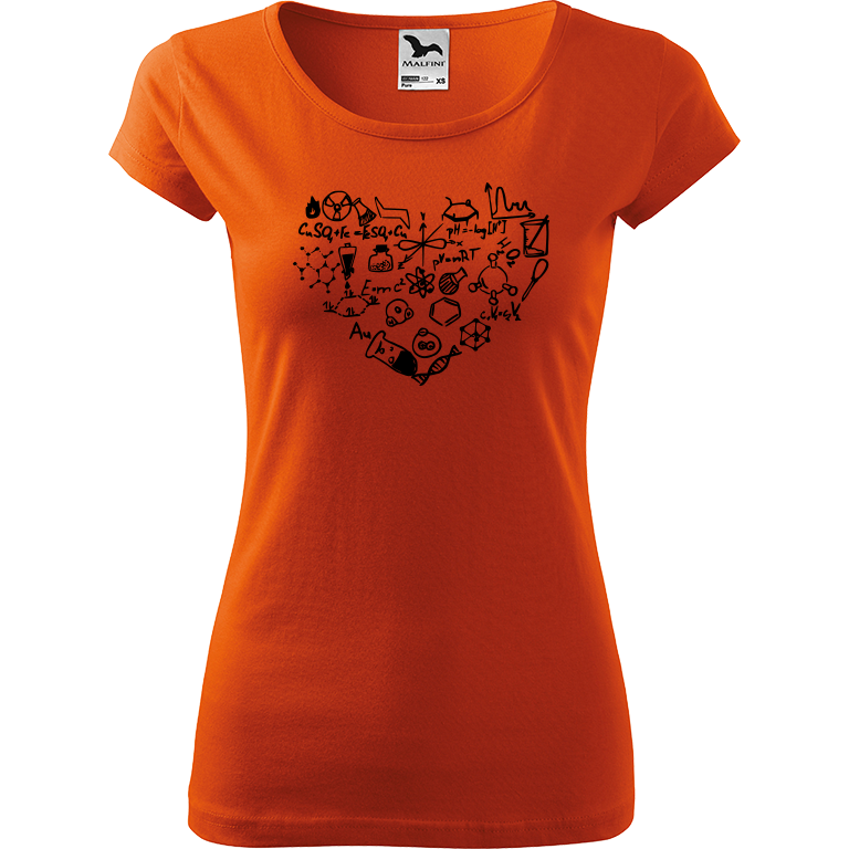 Ručně malované dámské triko Pure - Chemikovo srdce Velikost trička: XL, Barva trička: ORANŽOVÁ, Barva motivu: ČERNÁ