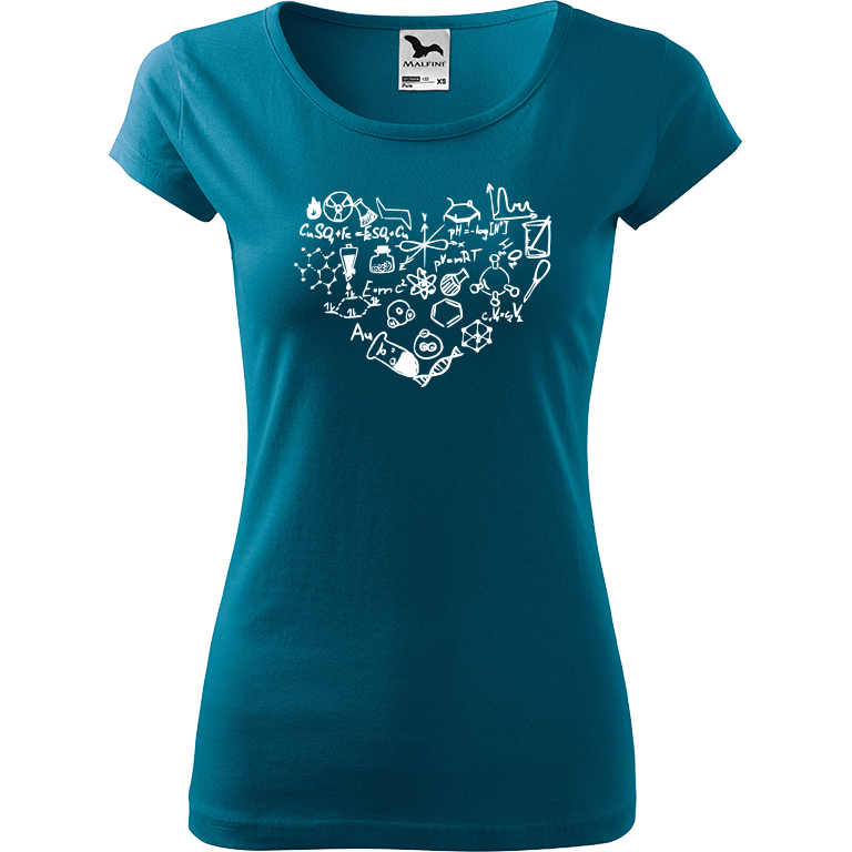 Ručně malované dámské triko Pure - Chemikovo srdce Velikost trička: XS, Barva trička: PETROLEJOVÁ, Barva motivu: BÍLÁ