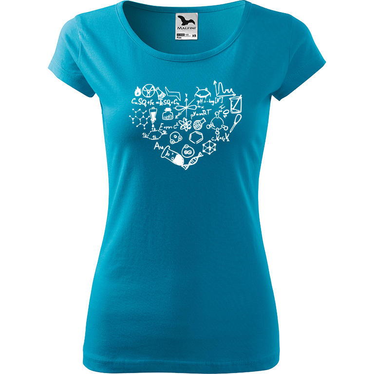 Ručně malované dámské triko Pure - Chemikovo srdce Velikost trička: L, Barva trička: TYRKYSOVÁ, Barva motivu: BÍLÁ