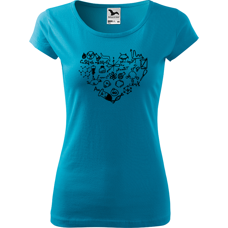 Ručně malované dámské triko Pure - Chemikovo srdce Velikost trička: XL, Barva trička: TYRKYSOVÁ, Barva motivu: ČERNÁ