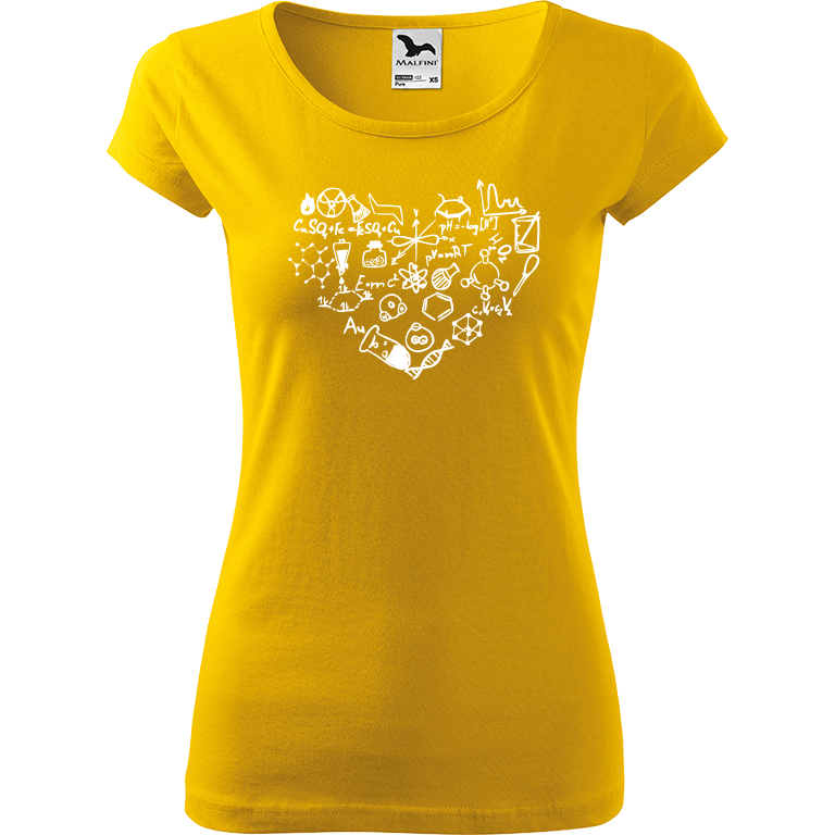Ručně malované dámské triko Pure - Chemikovo srdce Velikost trička: XS, Barva trička: ŽLUTÁ, Barva motivu: BÍLÁ