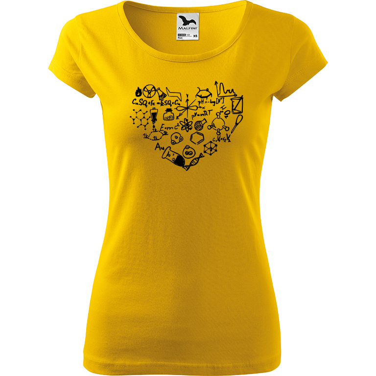 Ručně malované dámské triko Pure - Chemikovo srdce Velikost trička: XL, Barva trička: ŽLUTÁ, Barva motivu: ČERNÁ