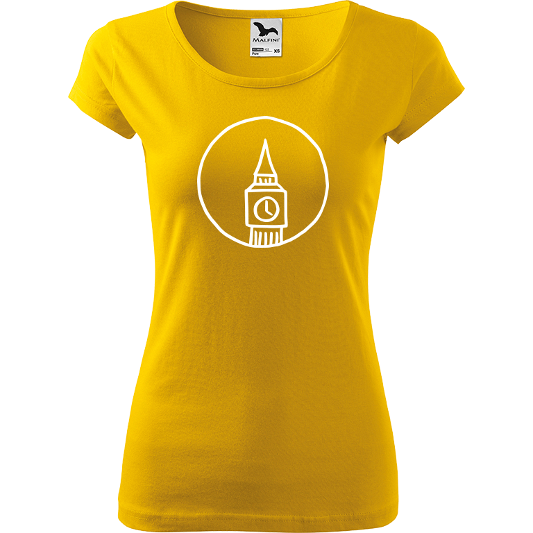 Ručně malované dámské triko Pure - Big Ben Velikost trička: XS, Barva trička: ŽLUTÁ, Barva motivu: BÍLÁ