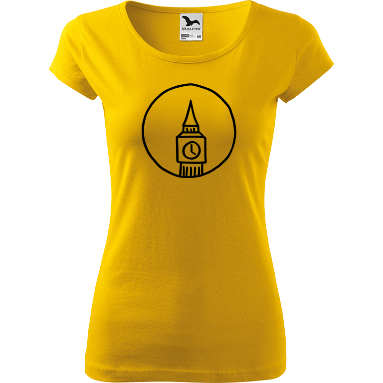Ručně malované dámské triko Pure - Big Ben Velikost trička: XL, Barva trička: ŽLUTÁ, Barva motivu: ČERNÁ