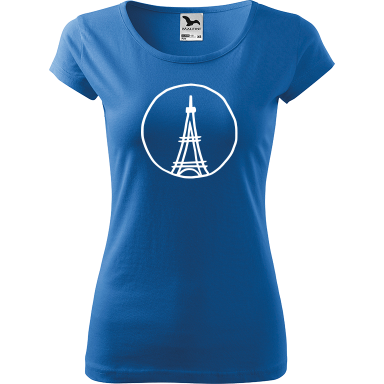 Ručně malované dámské triko Pure - Eiffelovka Velikost trička: XS, Barva trička: AZUROVÁ, Barva motivu: BÍLÁ